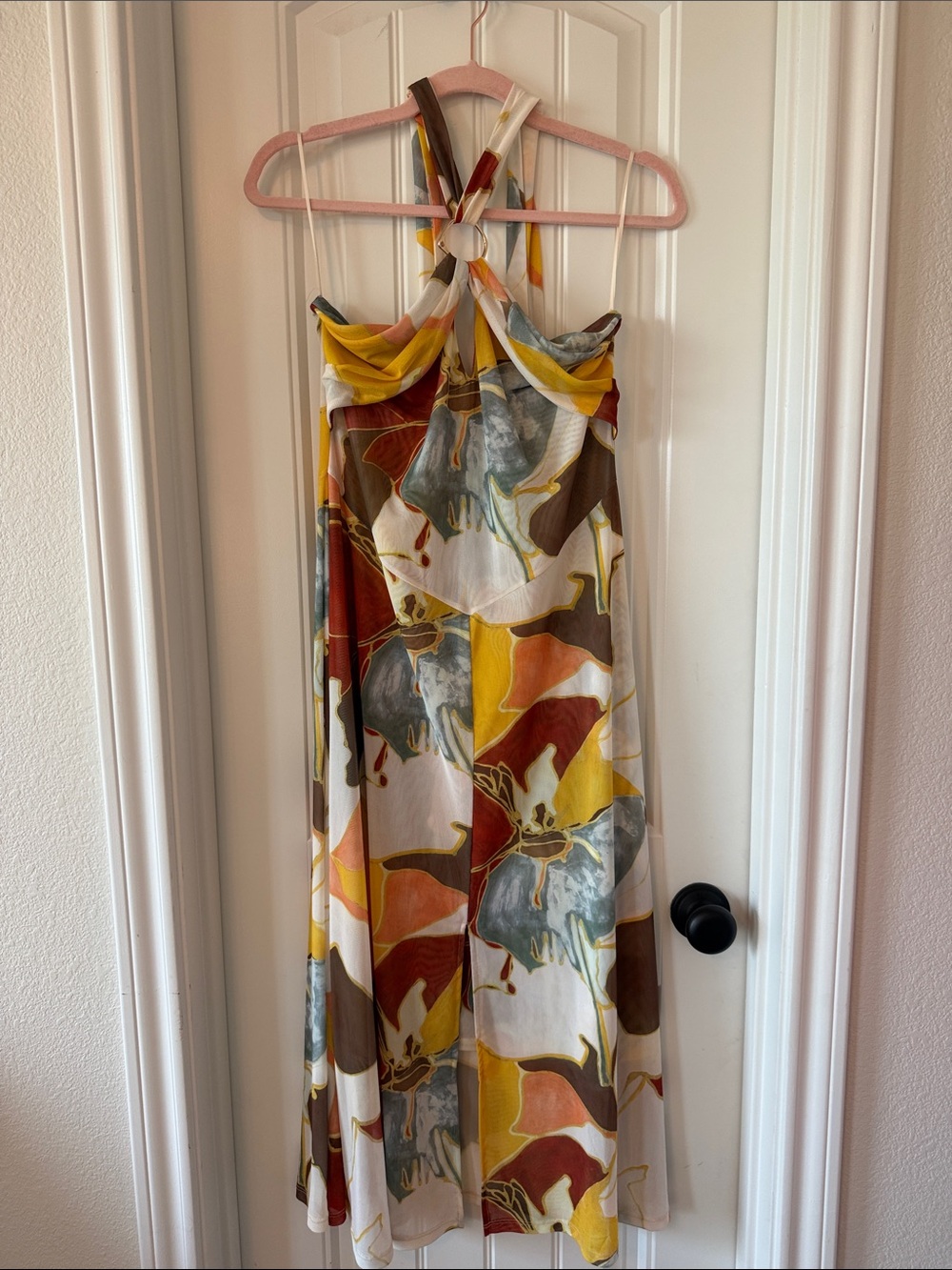 Halter Maxi Dress with Abstract Floral Print in Yellow, Brown & Cream